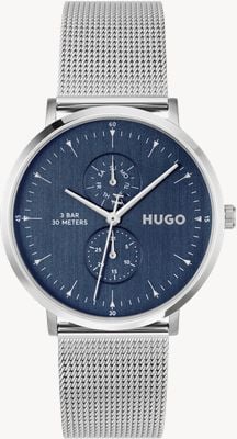 HUGO Montre multifonction à quartz (40 mm), cadran bleu, bracelet en maille d'acier inoxydable. 1530457