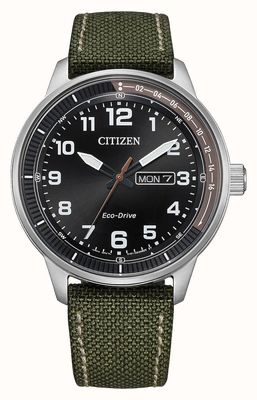 Citizen Мужские часы eco-drive (42 мм) с черным циферблатом и ремешком из ткани цвета хаки. BM8595-16H