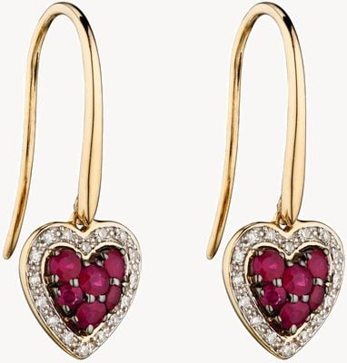 Elements Gold 9k Yellow Gold Ruby And Diamond Heart Drop Earrings GE2284R