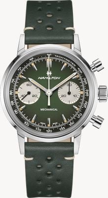 Hamilton Amerikaanse klassieke Intramatic chronograaf H (40 mm) met groene wijzerplaat / groene leren band + roestvrijstalen mesh H38429861