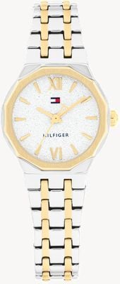 Tommy Hilfiger Reloj Mackenzie de cuarzo de tres manecillas (25 mm), esfera blanca texturizada / brazalete de acero inoxidable de dos tonos 1782888