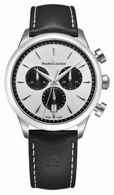 Maurice Lacroix Quarz-Chronograph von 1975 (40 mm), silbernes Zifferblatt mit Sonnenschliff / schwarzes Lederarmband 751038-SS001-130-2