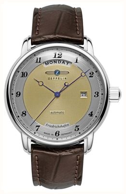 Zeppelin Montre automatique Friedrichshafen jour/date (40 mm), cadran or Clous de Paris, bracelet en cuir marron 8562-5