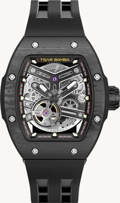 TSAR BOMBA Atomic Series Carbon Fibre Interchangeable Set (44.5mm) Black Skeleton Dial / Black + Red Set TB8218(1+2) CF 03RD/BK