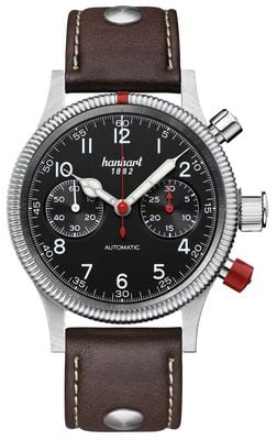 Hanhart Chronographe automatique Pioneer mk ii (40 mm), cadran noir / bracelet en cuir marron foncé à rivets - m 716.210-0110