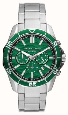 Armani Exchange Cadran chronographe vert pour homme (44 mm) / bracelet en acier inoxydable AX1957