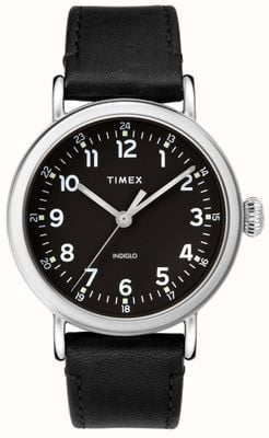 Timex Caja estándar de 40 mm en tono plateado Esfera negra Correa de piel negra TW2T20200