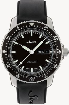 Sinn 104 st sa i automático (41mm) mostrador preto / pulseira de borracha preta com fivela de pino 104.010 BLACK RUBBER