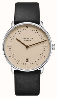 STERNGLAS Naos Quarz (38 mm), sandbraunes Zifferblatt / hochwertiges schwarzes Lederarmband S01-NA54-PR07