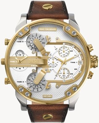 Diesel MR. DADDY 2.0 Multifunction (57mm) White & Gold Dial / Brown Leather Strap DZ7483
