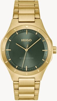 HUGO Montre à quartz trois aiguilles (42 mm), cadran vert, bracelet en acier inoxydable plaqué or. 1530449
