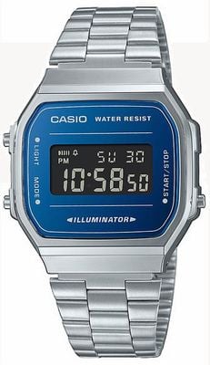 Casio Vintage-Illuminator-blaues digitales Zifferblatt / Edelstahlarmband A168WEM-2BEF