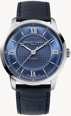 Frederique Constant Automatyczna tarcza Première (38,5 mm) z niebieskim tłoczeniem i niebieskim paskiem ze skóry cielęcej FC-301N3B6