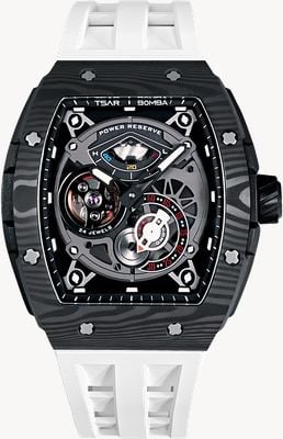 TSAR BOMBA Orologio serie Elemental fibra di carbonio automatico (44,6 mm) quadrante scheletro nero / cinturino in gomma FKM bianco TB8210CFII-02