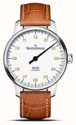MeisterSinger N°03 (38mm) mostrador branco / pulseira de couro marrom conhaque BM9901G