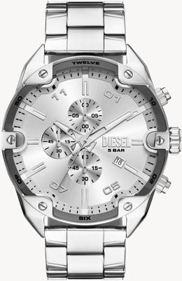 Diesel Men's Spiked (49mm) Silver Chronograph Dial / Stainless Steel Bracelet DZ4677