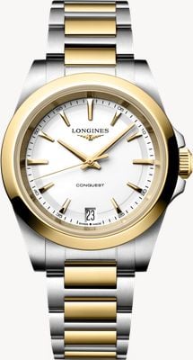 LONGINES Conquest quartz (34 mm) met witte, gezandstraalde wijzerplaat / tweekleurige roestvrijstalen armband L34603127