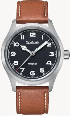 Hanhart Pioneer Preventor HD12™ (39 mm) schwarzes Zifferblatt / hellbraunes Lederarmband – M 792.810-7210