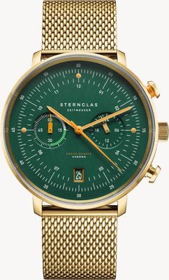 STERNGLAS Reloj cronógrafo vintage de cuarzo mecánico de Hamburgo (42 mm), esfera verde oscuro y pulsera de malla milanesa dorada de 20 quilates. S01-HCV22-MI05