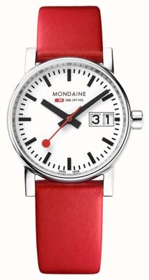 Mondaine Evo2 big data (30 mm) mostrador branco / pulseira de couro vegano vermelho MSE.30210.LCV