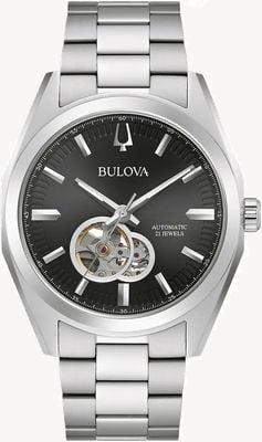 Bulova Herren-Surveyer-Automatikarmband aus Edelstahl mit schwarzem Zifferblatt 96A270