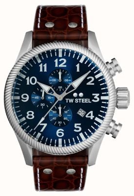 TW Steel Volante męskie | niebieska tarcza chronografu | brązowy skórzany pasek VS111