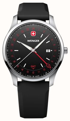 Wenger City GMT Quarz (42 mm) gebürstetes schwarzes Zifferblatt / schwarzes Silikonarmband 01.1442.102