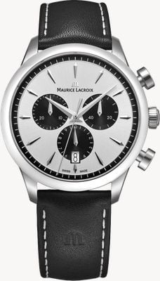 Maurice Lacroix Quartz chronograaf uit 1975 (40 mm) met zilverkleurige wijzerplaat met zonnestraalmotief en zwarte leren band. 751038-SS001-130-2