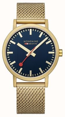Mondaine Klassisch | 40mm | blaues Zifferblatt | IP-Gold-Mesh-Armband A660.30360.40SBM
