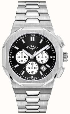 Rotary Sportowy chronograf Regent (41 mm) z czarną tarczą przeciwsłoneczną i bransoletą ze stali nierdzewnej GB05450/65