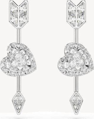 Swarovski Idyllia drop earrings, Mixed cuts, Heart with arrow, White, Rhodium plated 5749602