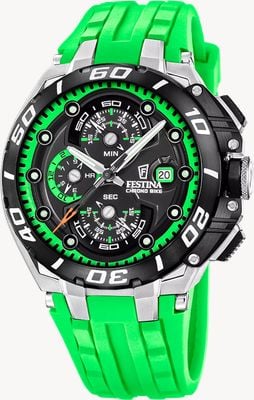Festina Chrono Bike 2026 (46 mm), schwarzes Zifferblatt / grünes Kautschukarmband F20755/6