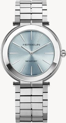 Herbelin Newport 纤薄石英表（40 毫米）北极蓝色太阳纹表盘/不锈钢表带 19522B125