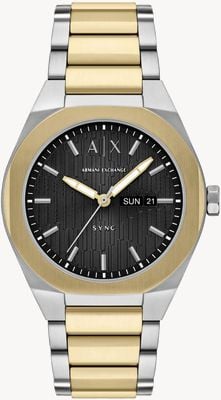 Armani Exchange Relógio de quartzo com três ponteiros, indicação de dia e data (42 mm), mostrador preto texturizado / pulseira bicolor em aço inoxidável. AX4298