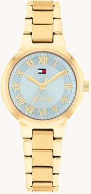Tommy Hilfiger Reloj Becca de cuarzo de tres manecillas (28 mm), esfera azul hielo / brazalete de acero inoxidable con recubrimiento PVD dorado 1782904