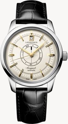 LONGINES Conquest Heritage réserve de marche centrale (38 mm) cadran champagne / bracelet cuir alligator noir L16484782