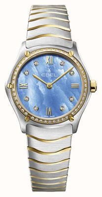 EBEL Senhora clássica desportiva - 55 diamantes (29 mm) mostrador azul tranquilo / ouro 18k e aço inoxidável 1216598
