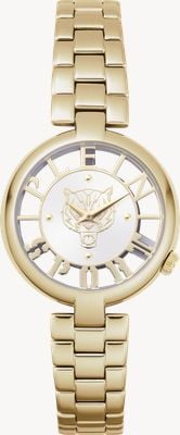 Plein Sport Tiger Luxe (36 mm) transparentes silbernes Zifferblatt / Gold-PVD-Edelstahlarmband PSMBA0323