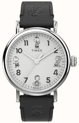 Timex Standardowy szkic orzeszków ziemnych (40 mm), biała tarcza i czarny skórzany pasek TW2W45900