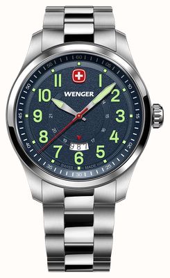 Wenger Reloj Terragraph de cuarzo (43 mm) con esfera azul texturizada y brazalete de acero inoxidable. 01.0541.123