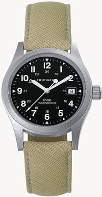 Hamilton Mécanique d'officier de terrain kaki (38 mm) cadran noir / bracelet en toile beige H69439933