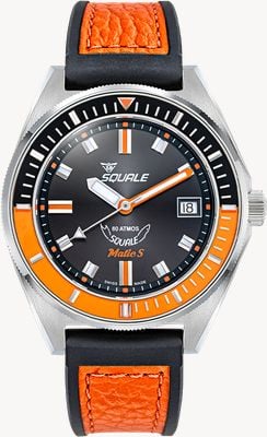 Squale Matic S Automatic (39mm) Sunray Black Dial / Black & Orange HydroLeather Strap Watch MATICBKOBK.RLOR