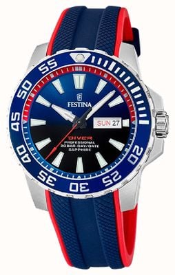 Festina Montre de plongée pour homme (45mm) cadran bleu / bracelet caoutchouc bleu et rouge F20662/1