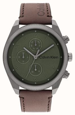 Calvin Klein Impact da uomo (44mm) quadrante verde / cinturino in pelle marrone 25200363