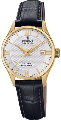 Festina Швейцарский кварцевый механизм (29 мм) с серебристым циферблатом / черным кожаным ремешком F20011/1