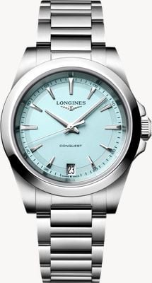 LONGINES Conquest Quarzuhr (34 mm), mintblaues, sandgestrahltes Zifferblatt / Edelstahlarmband L34604926