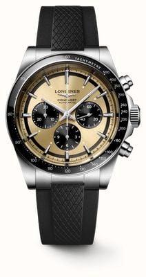 LONGINES Quadrante cronografo dorato Conquest automatico (42 mm) da uomo/cinturino in caucciù nero L38354329