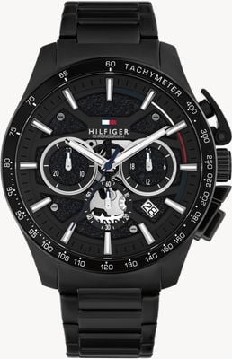 Tommy Hilfiger Cronógrafo de cuarzo Bank (44 mm), esfera negra y brazalete de acero inoxidable con PVD negro. 1792262
