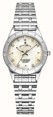 Jacques Du Manoir Leonie quartzhorloge met drie wijzers (29 mm) met parelmoeren wijzerplaat en roestvrijstalen armband. JWL05901