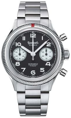 Hanhart 417 es 1954 Flyback Reverse Panda (39 mm) schwarzes Zifferblatt / Edelstahlarmband H701.211-6428